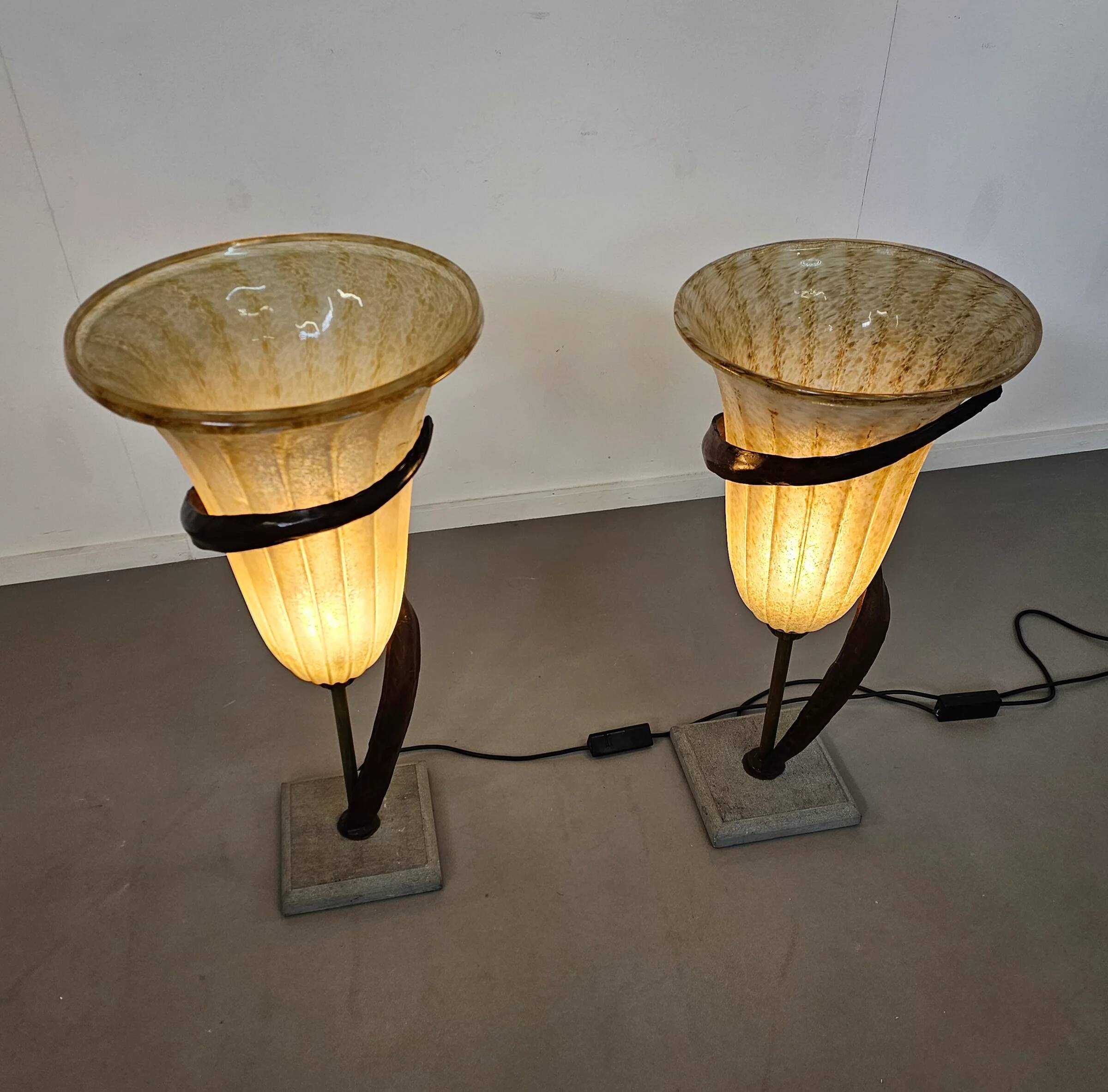 Large Jugendstil floor / table lamps, Roberto Galli, stone base with Italian glass shade