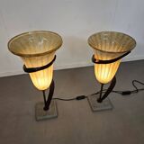 Large Jugendstil floor / table lamps, Roberto Galli, stone base with Italian glass shade