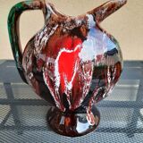 Earthenware pitcher signed vallauris, brown, orange, green, flammé décor, tbe.