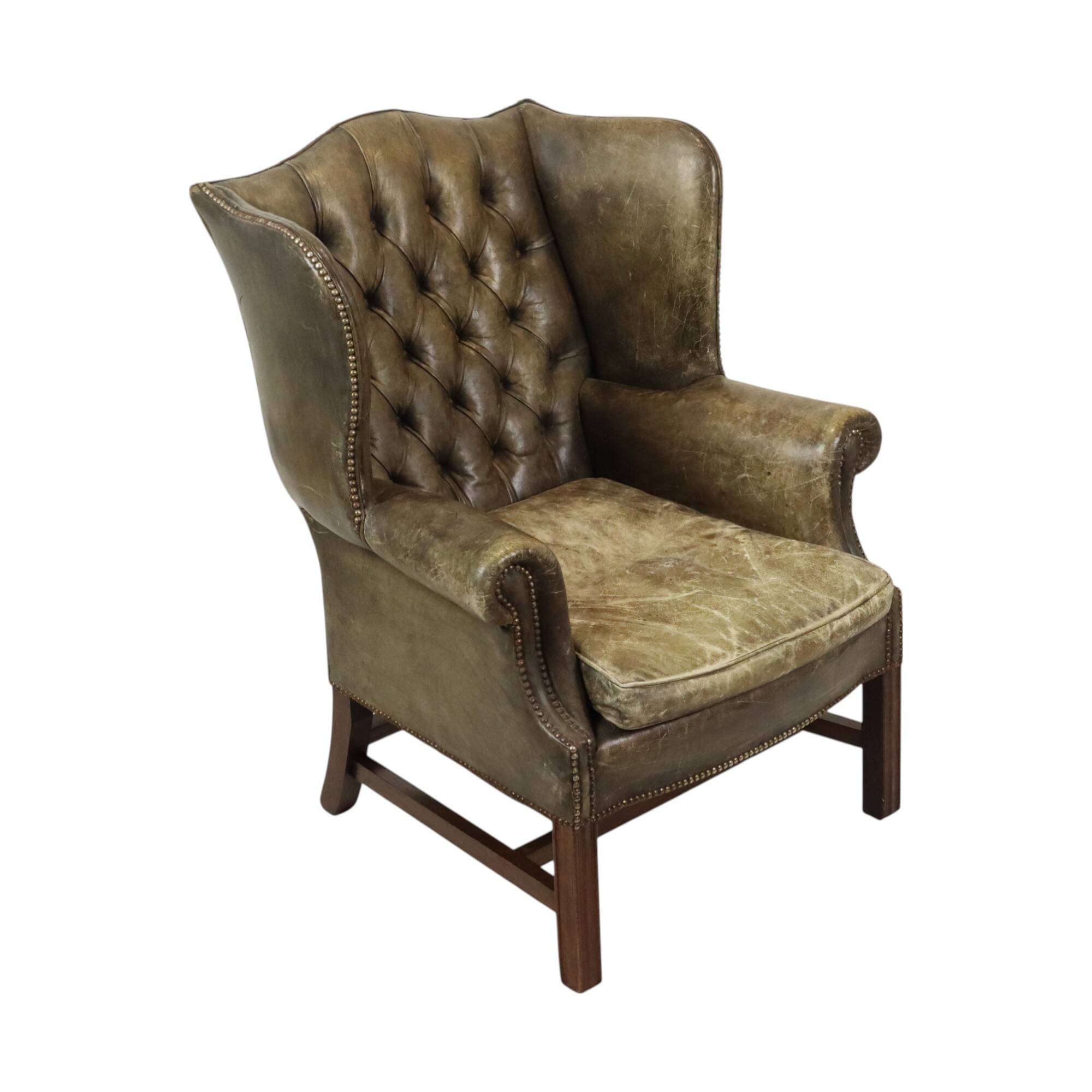 Old Green Chesterfield Armchair Wingchair