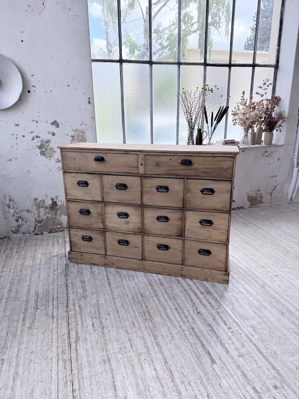 1950s pine workshop cabinet with drawers