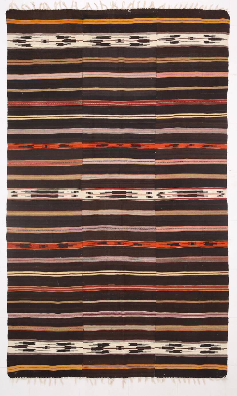 6x10 Dark Brown & Orange Strped Vintage Kilim Rug, 181x305Cm
