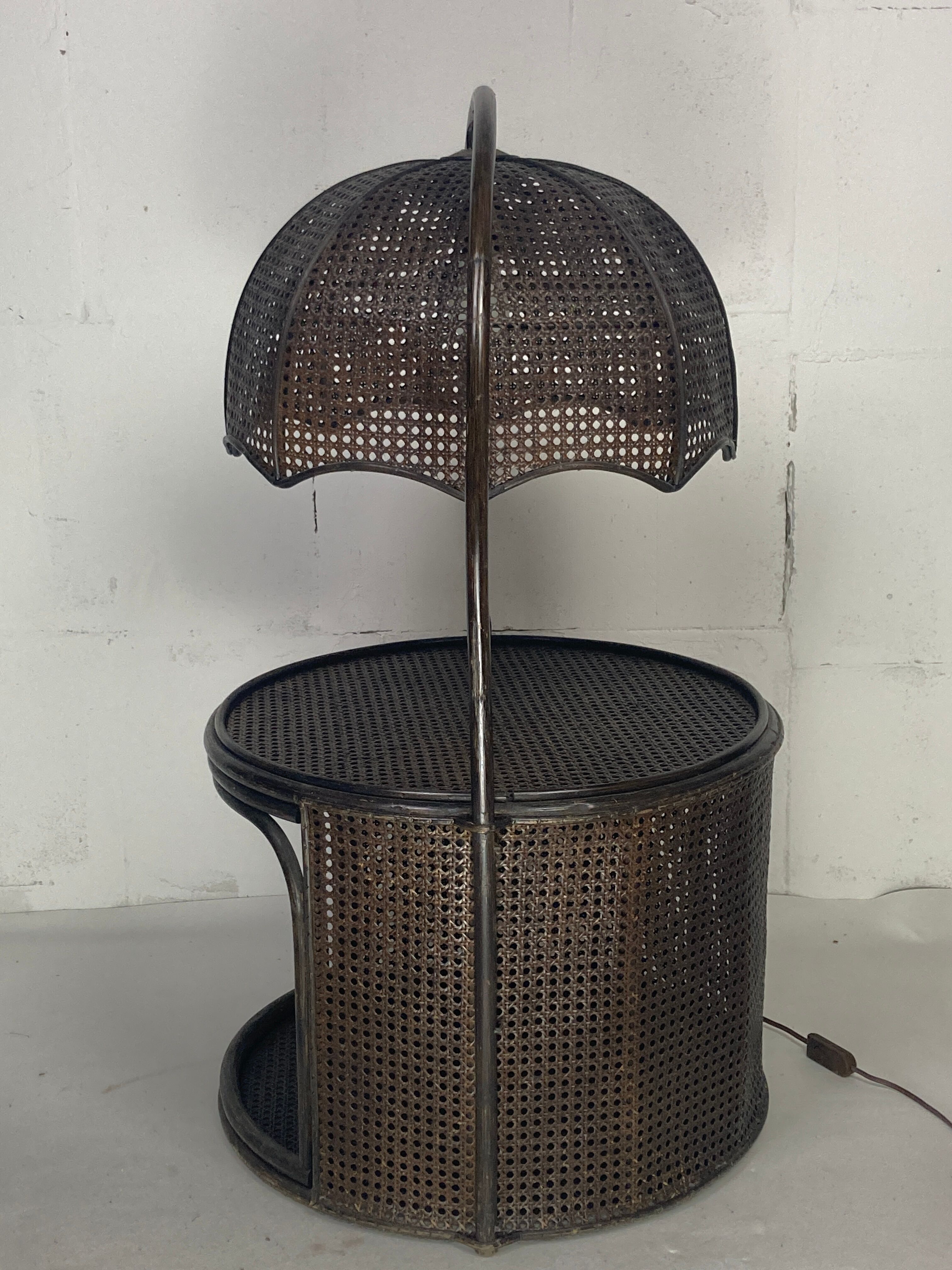 Faux bamboo rattan webbing side table with integrated hanging lamp, Dutch 1960s-1970s