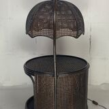 Faux bamboo rattan webbing side table with integrated hanging lamp, Dutch 1960s-1970s