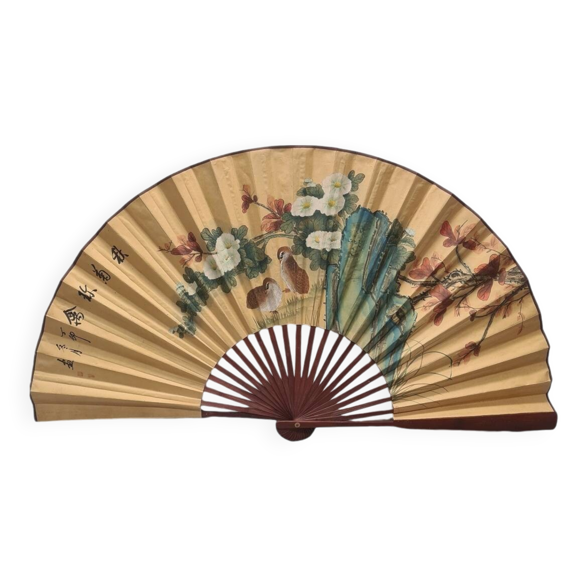 Large Vintage Chinese Fan With Birds, from the 1960/70s