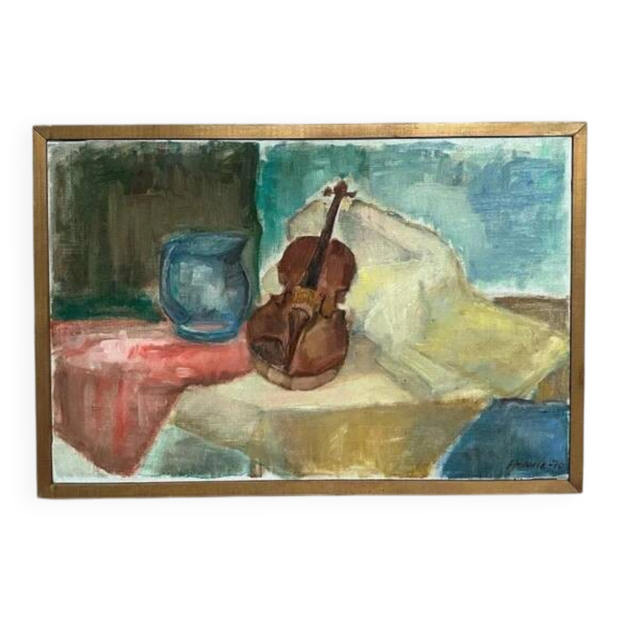 Oil on canvas “Still life with guitar” by Helerie 70, vintage & framed 62x42cm