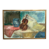 Huile sur toile "Nature morte avec guitare" par Helerie 70, vintage et encadrée 62x42cm