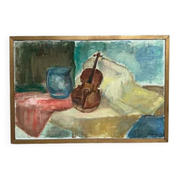 Huile sur toile "Nature morte avec guitare" par Helerie 70, vintage et encadrée 62x42cm