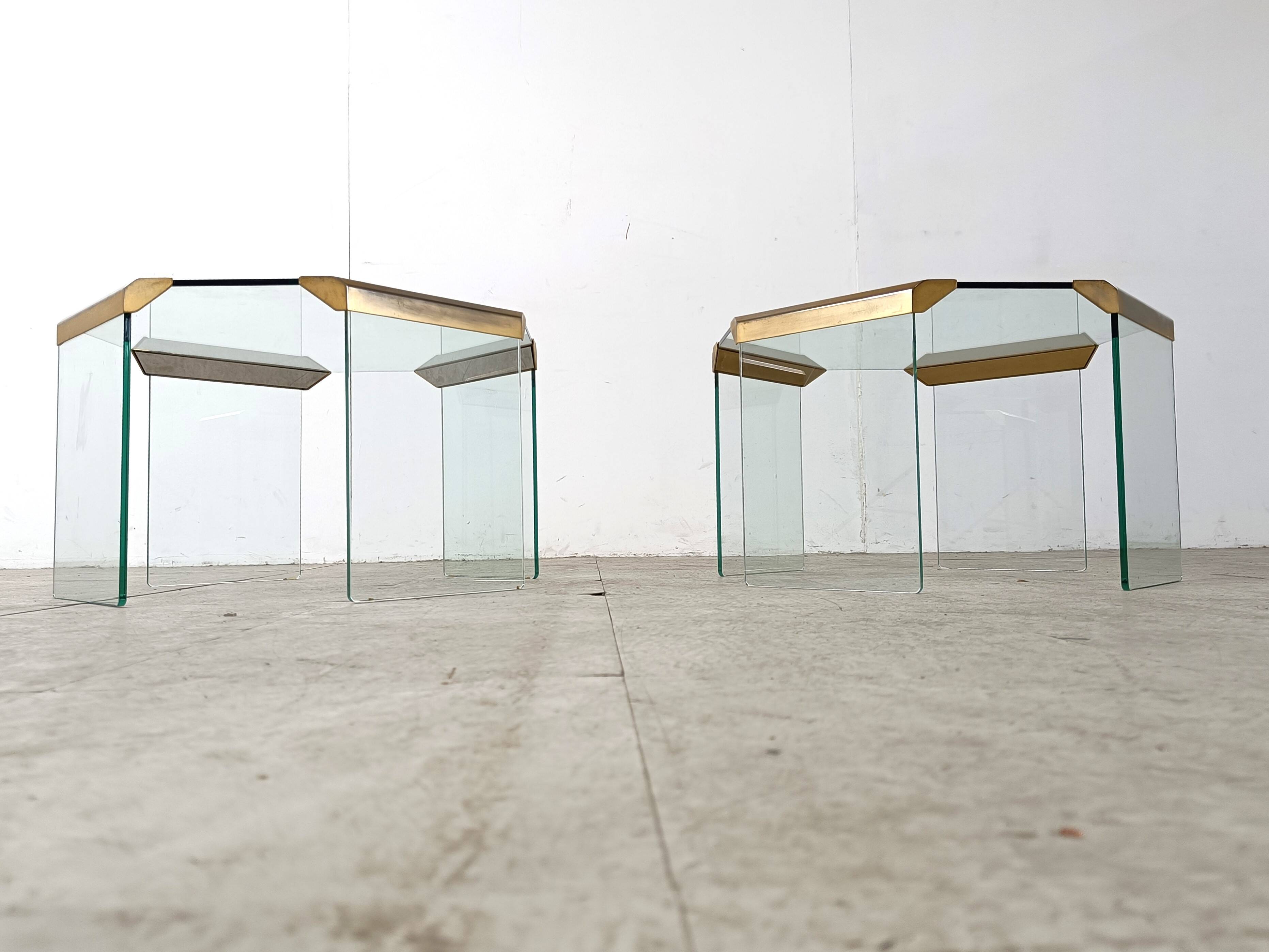 Pair of vintage brass and glass side tables,  1970s