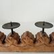 Vintage chandelier in solid oak and wrought iron.