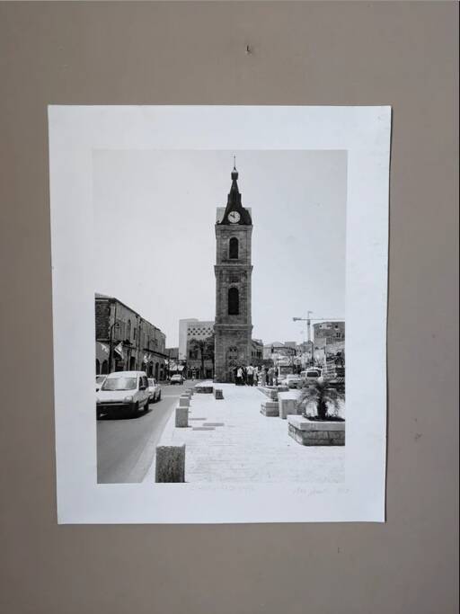 Old photograph "Yaffo clock" black and white numbered paper