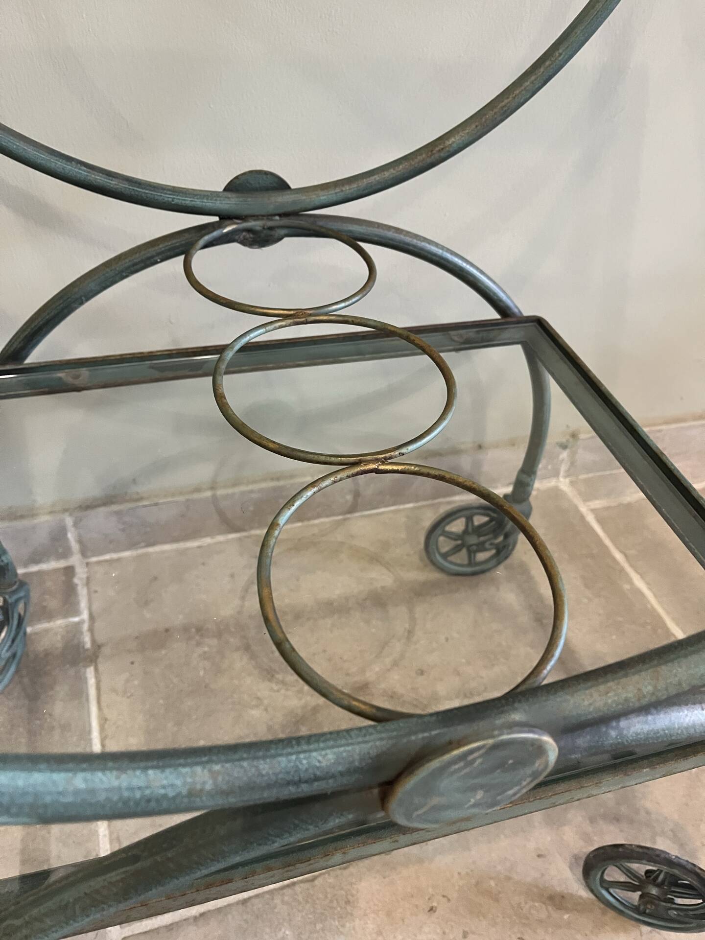 Patinated green-grey wrought iron dessert table
