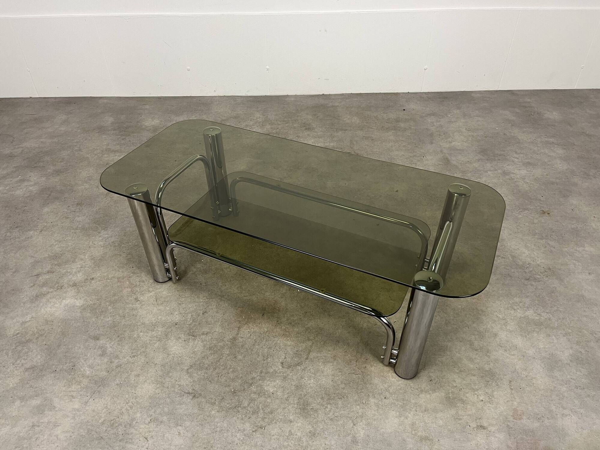 Chrome metal and smoked glass coffee table, 70s