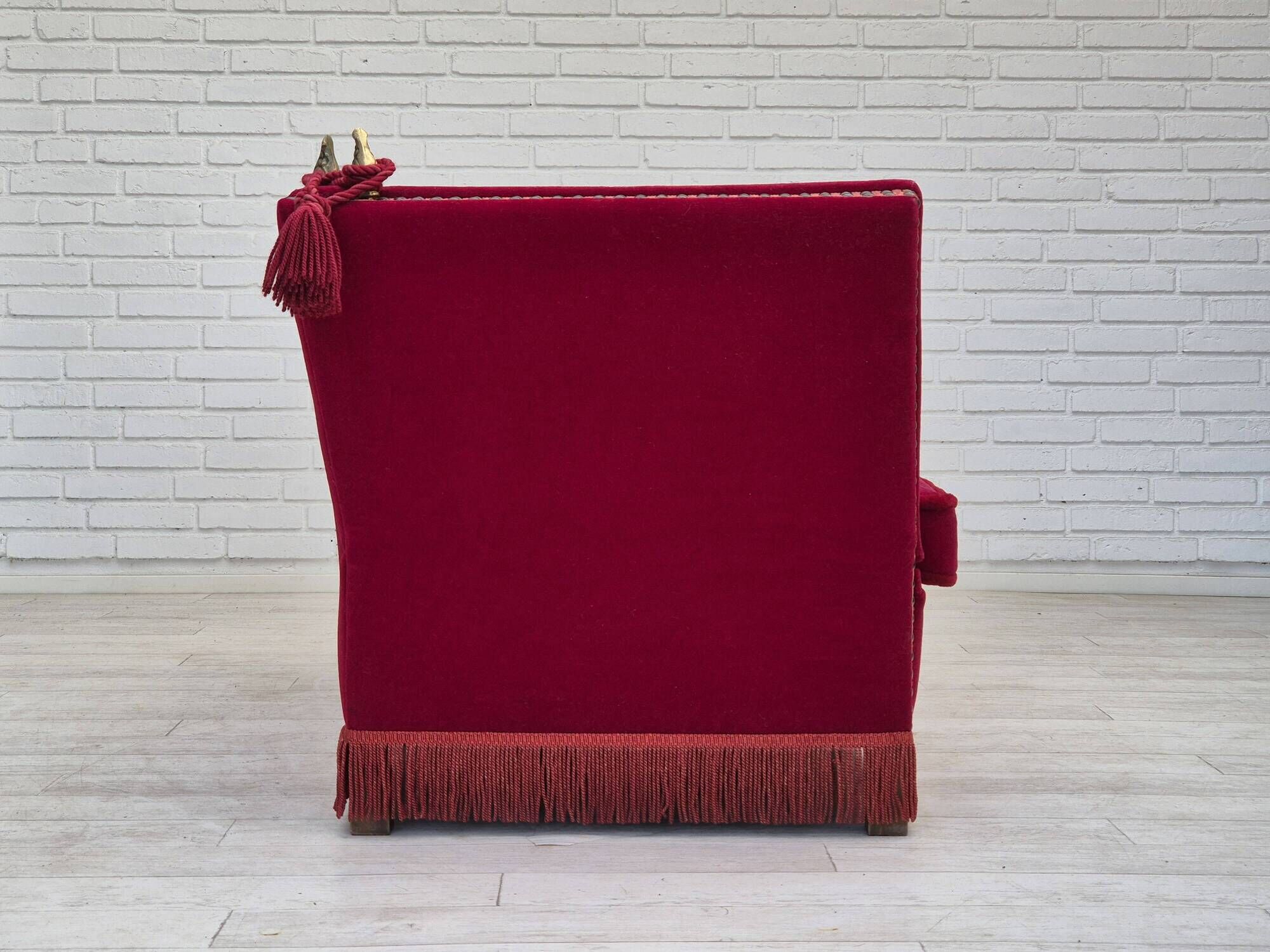 1970s, Danish drop arm "Spanish" sofa, original condition, cherry red furniture velour.