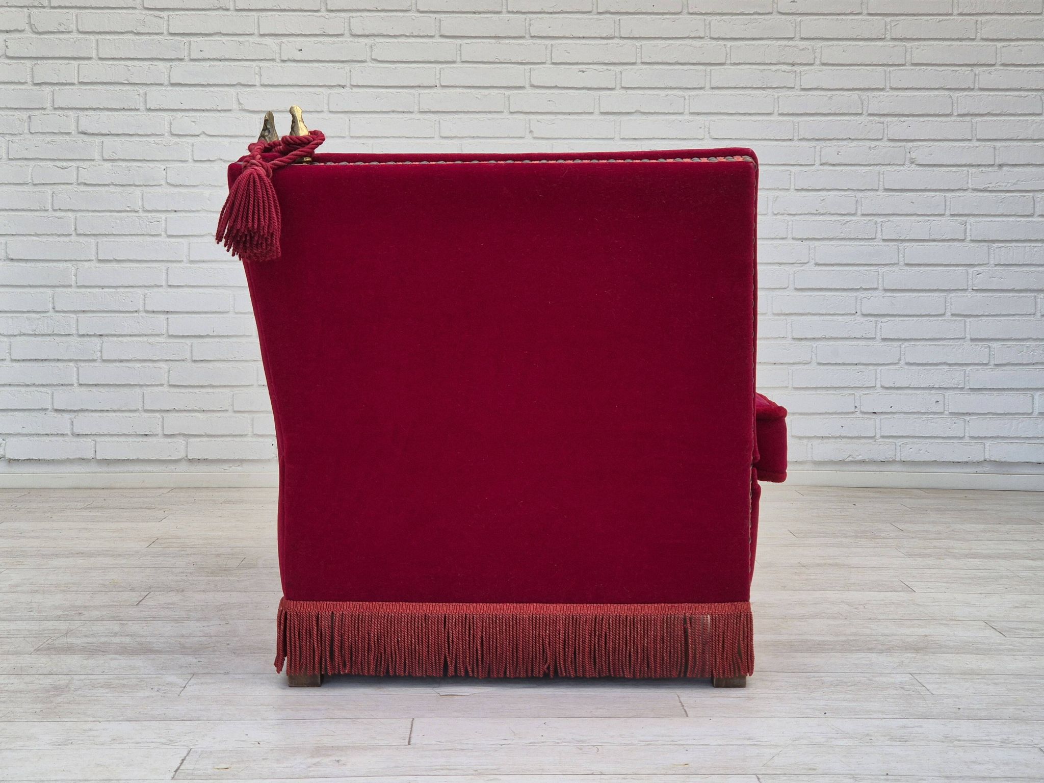 1970s, Danish drop arm "Spanish" sofa, original condition, cherry red furniture velour.
