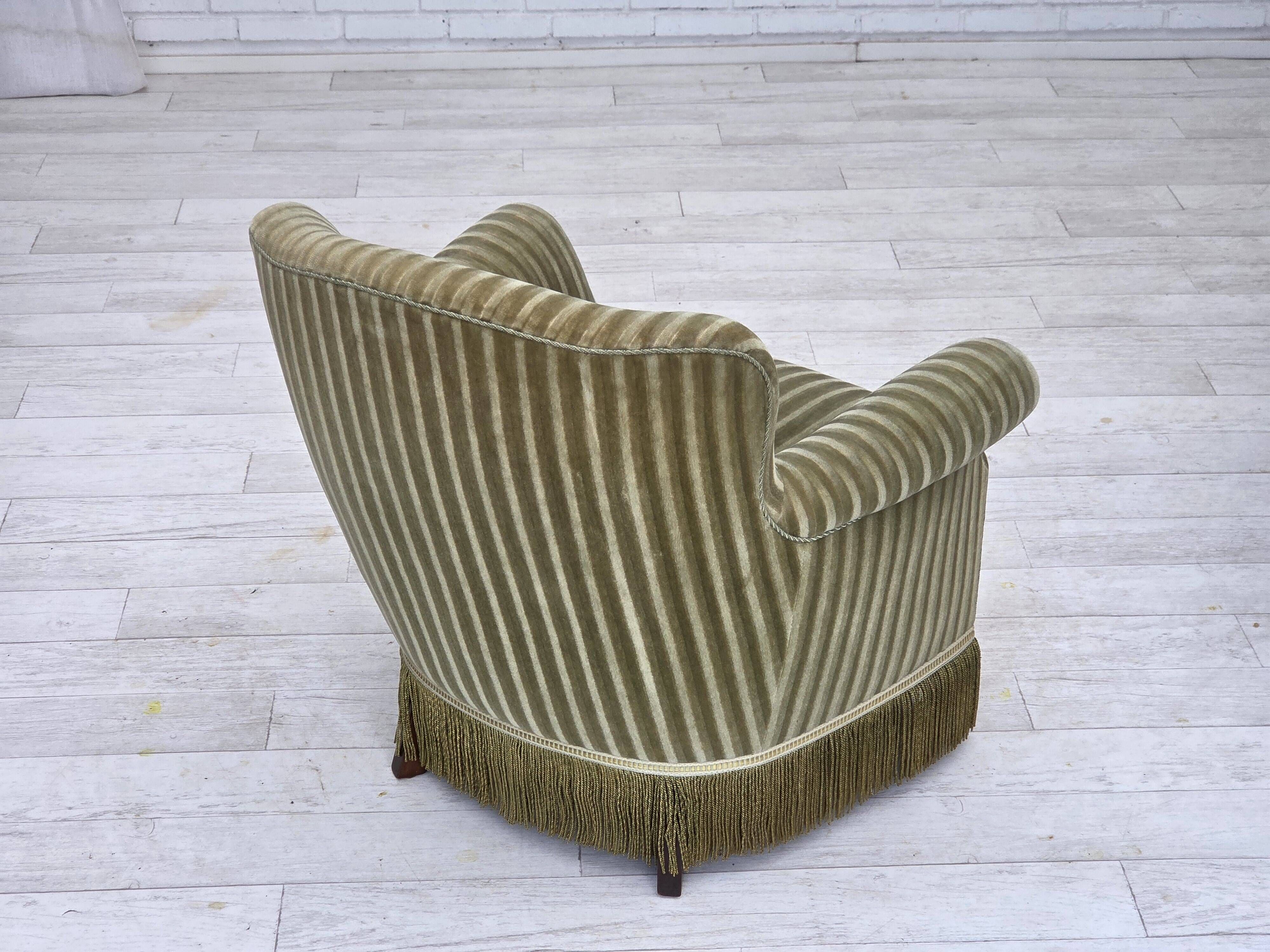 1960s, Danish armchair, original striped furniture velour, beech wood legs.