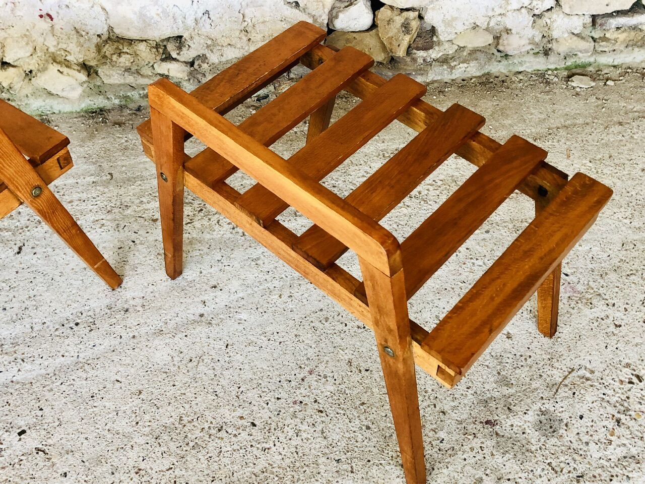 Pair of slatted side tables, Scandinavian style, 60s