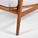 Fauteuil scandinave restauré avec repos-pieds, icône des années 60, tissu marron, teck