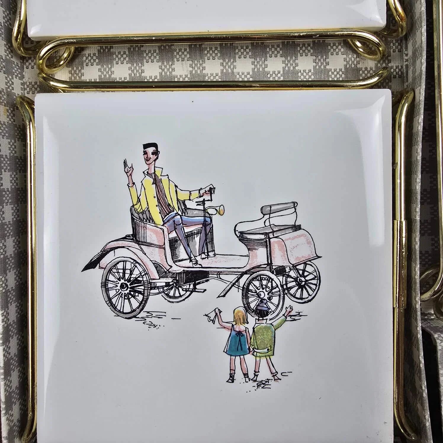 Set of 3 vintage Gien trivets – Retro car, child & couple design