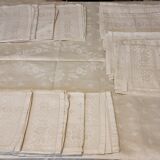 Ancienne nappe lin damassée beige 160 × 180 cm + 12 serviettes