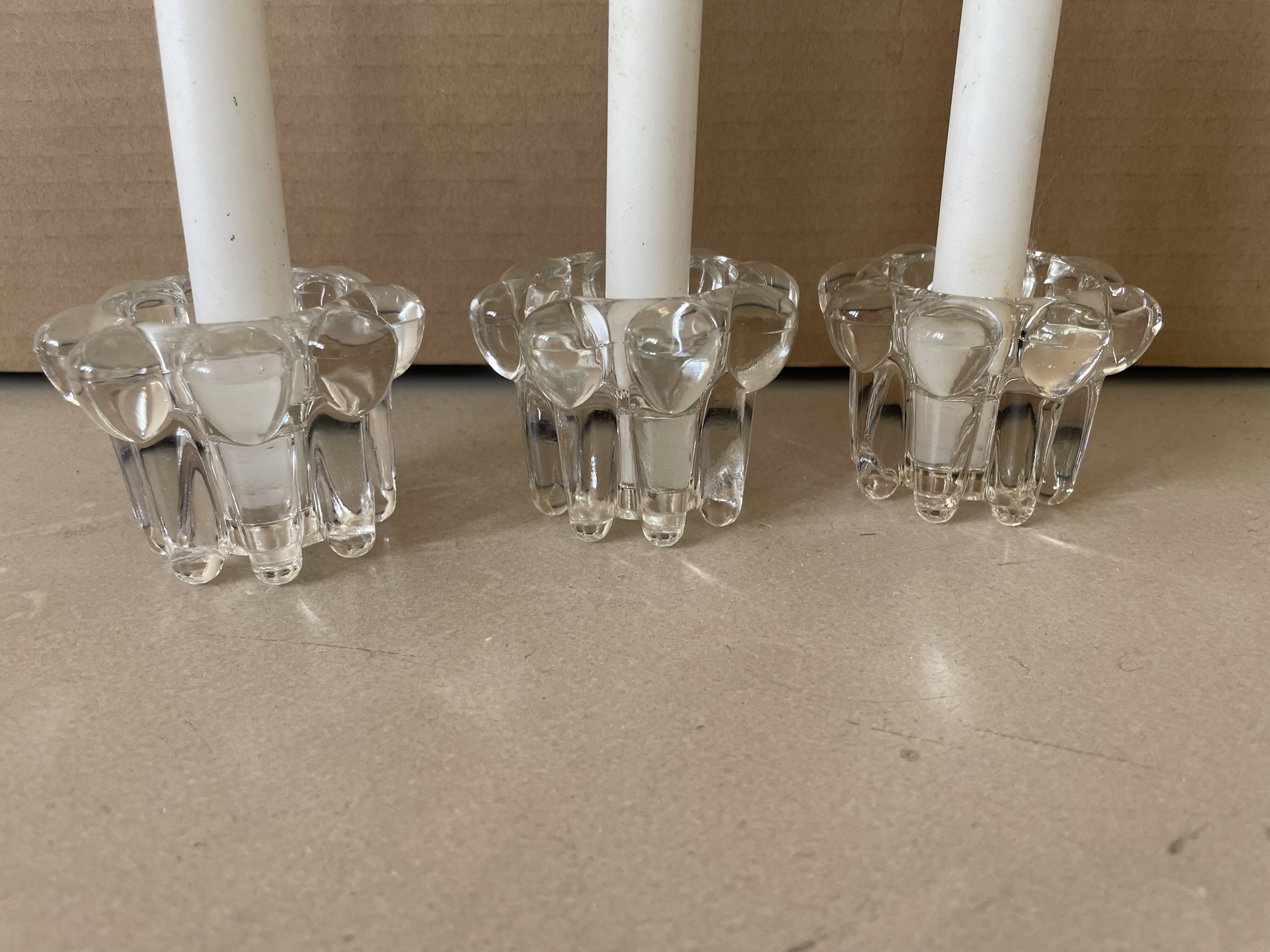 Set of 3 old glass candlesticks