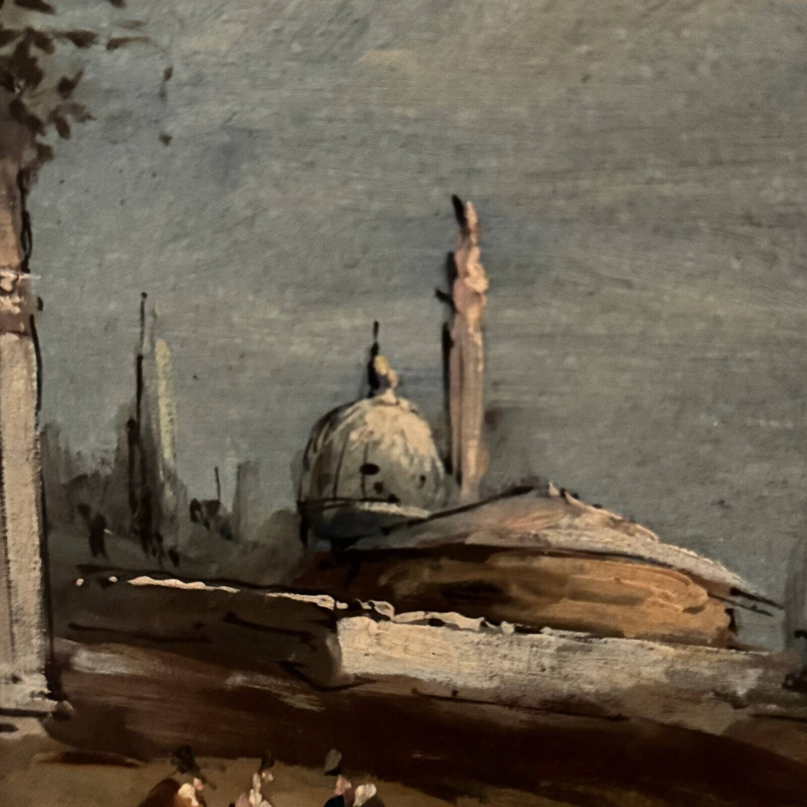 Oil on panel depicting a port from the early 20th century