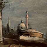 Oil on panel depicting a port from the early 20th century