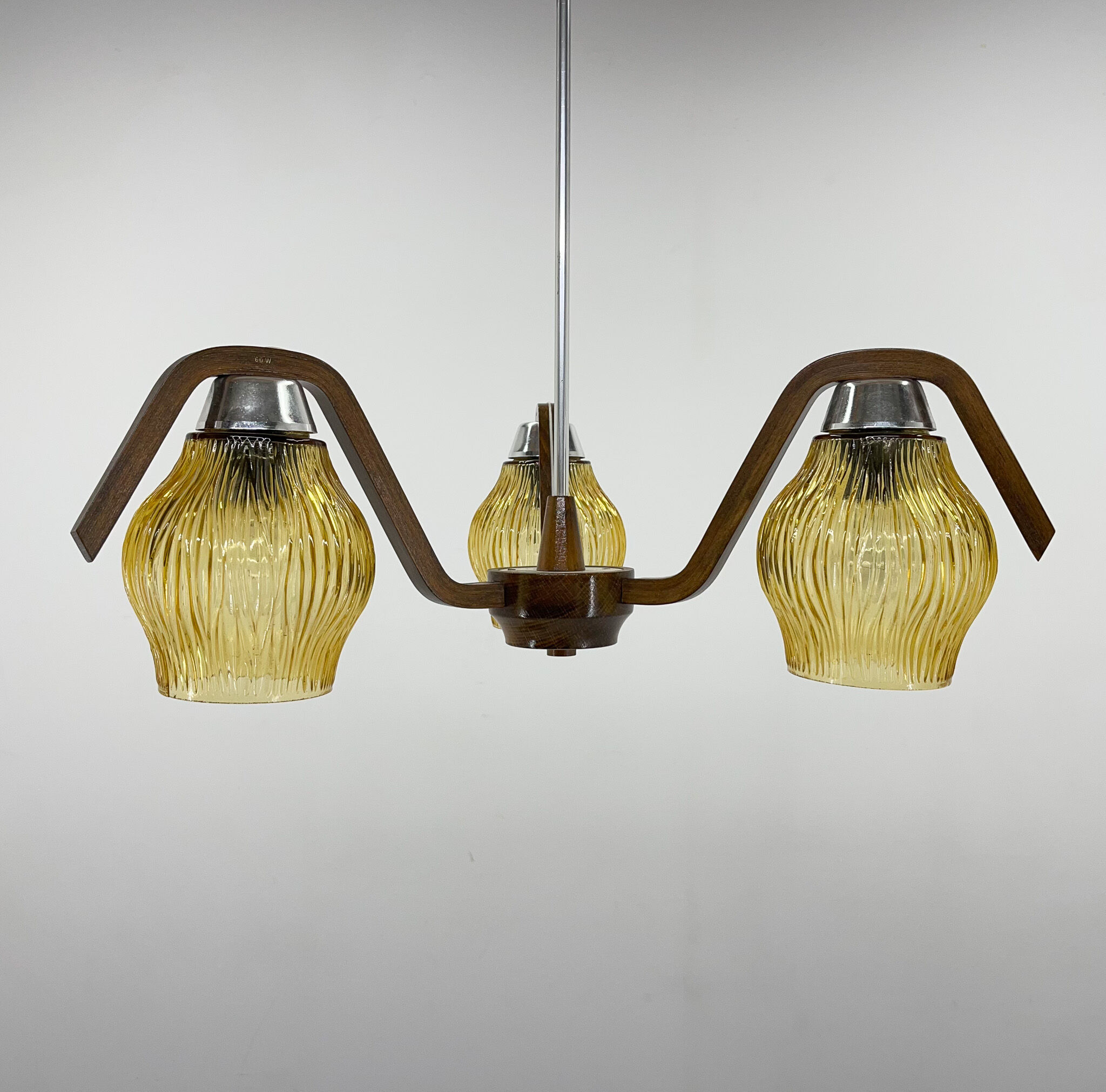 Mid-century Wood & Glass Chandelier by Dřevo Humpolec, 1960's