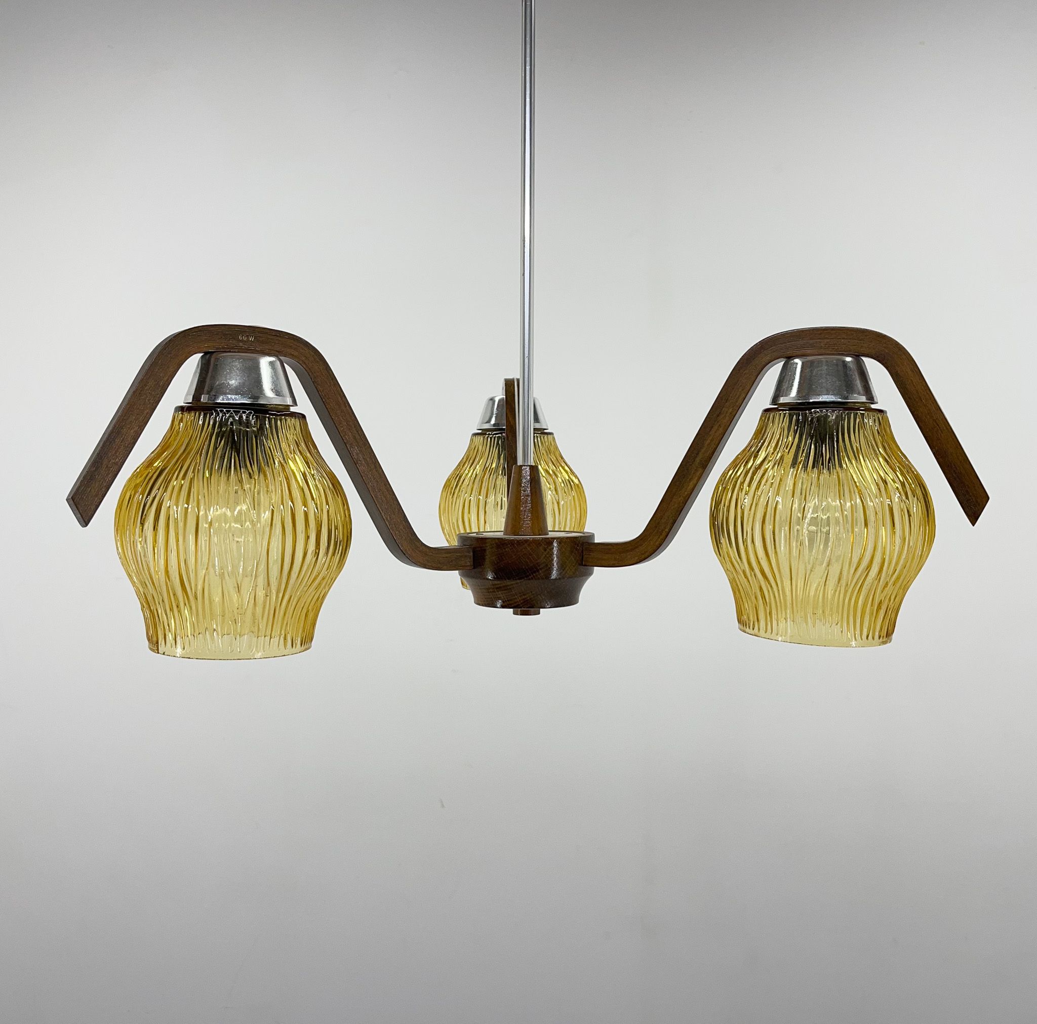 Mid-century Wood & Glass Chandelier by Dřevo Humpolec, 1960's