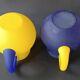 TWO VINTAGE YELLOW AND BLUE GLASS PITCHERS 1990