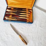 Coffret ancien avec 12 couteaux en acier inoxydable et manches en bois de cerf des années 70