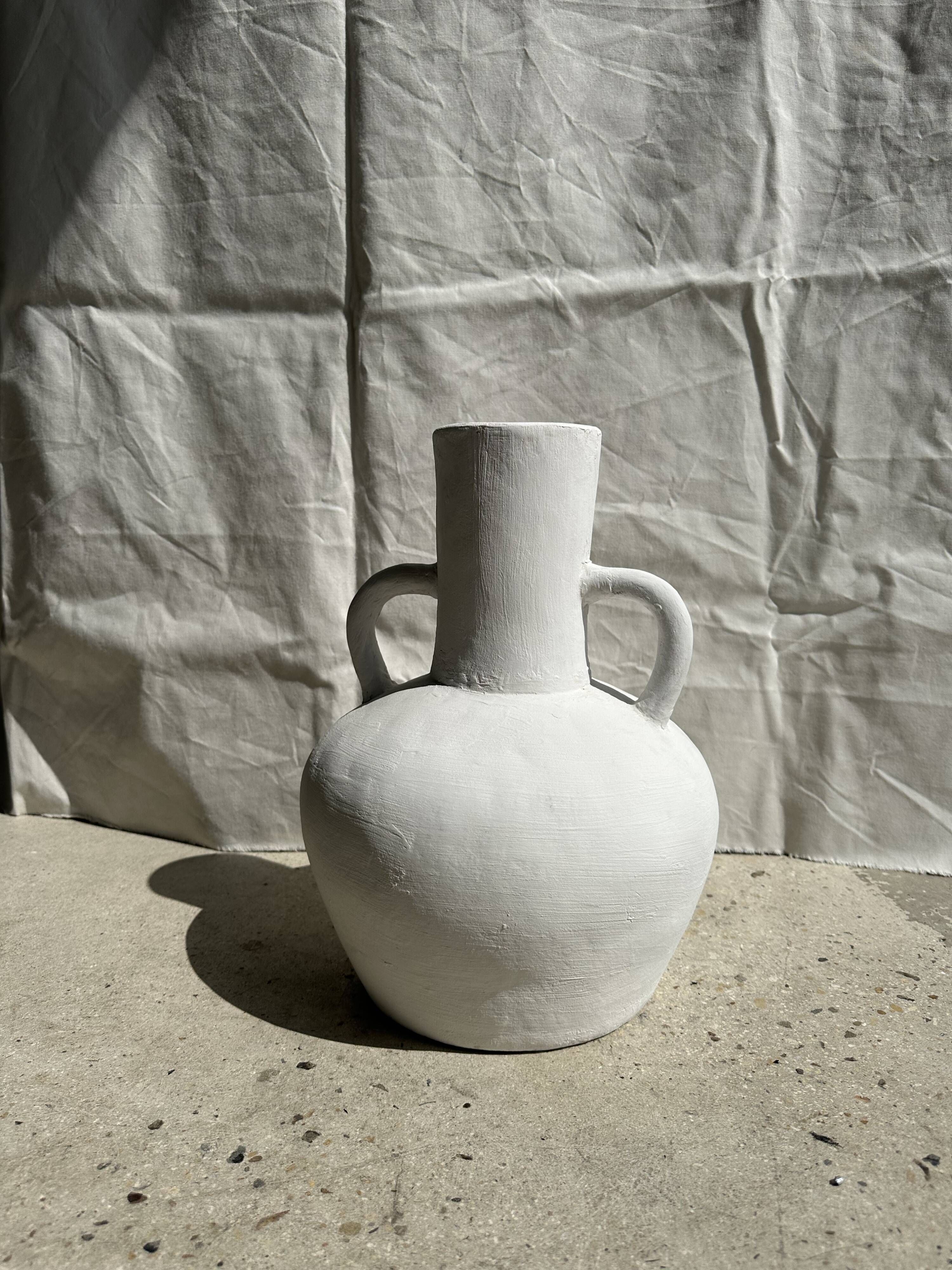 Large handcrafted terracotta vase painted white with double handles H40 D30
