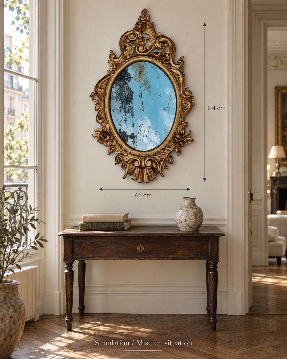Large oval gold mirror, Louis XV rococo style, late 19th century, 114 x 66 cm.