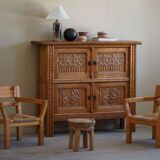 Tage Poulsen, a pair of brutalist chairs in pine and cord, Danish modern style, 1970s.