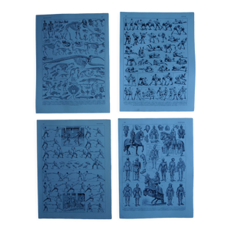 Lot de 4 lithographies originales sur l'escrime, la lutte, les armures et le squelette des vertébrés