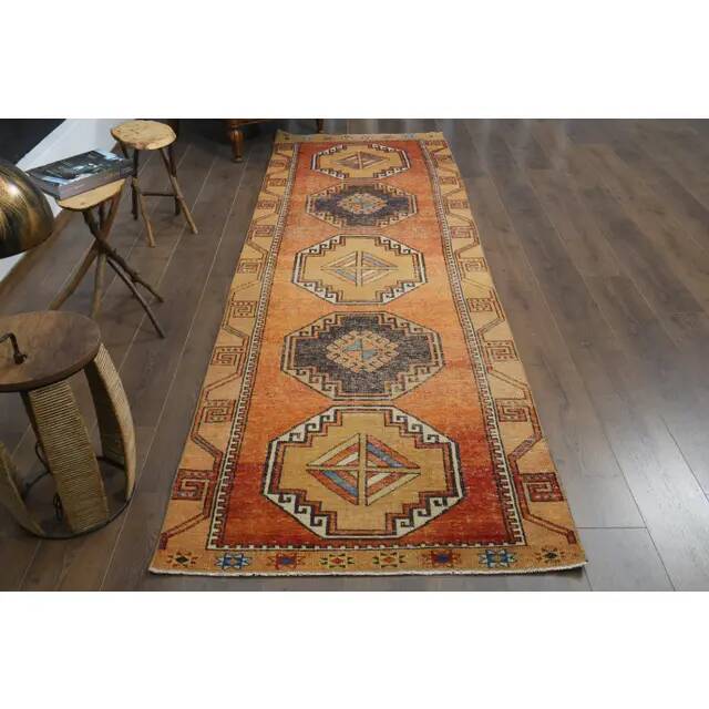 1970s vintage Turkish Oushak handmade wool cotton orange runner rug 103x330
