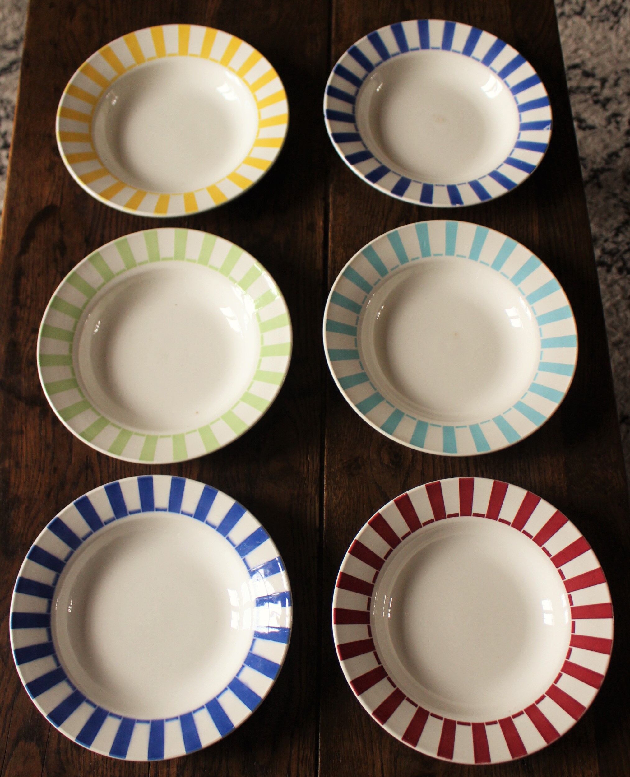 Lot 6 hollow plates Digoin Sarreguemines stripes colors