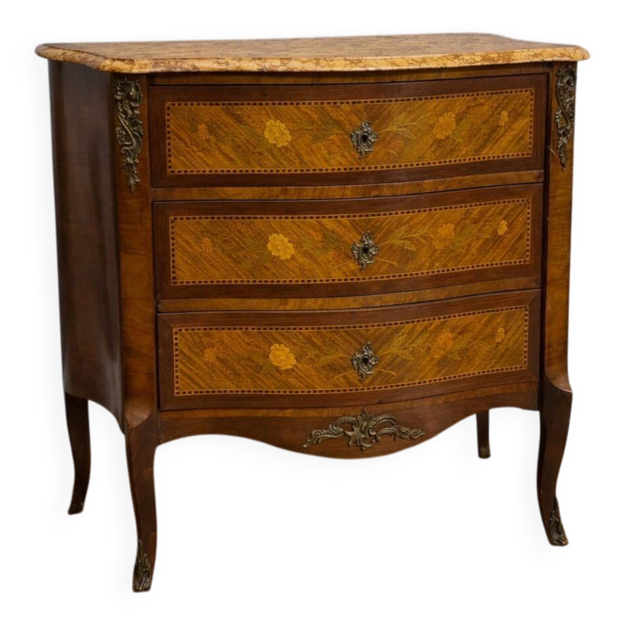 Lady's curved commode in Louis XV style, inlaid with marble – 19th century