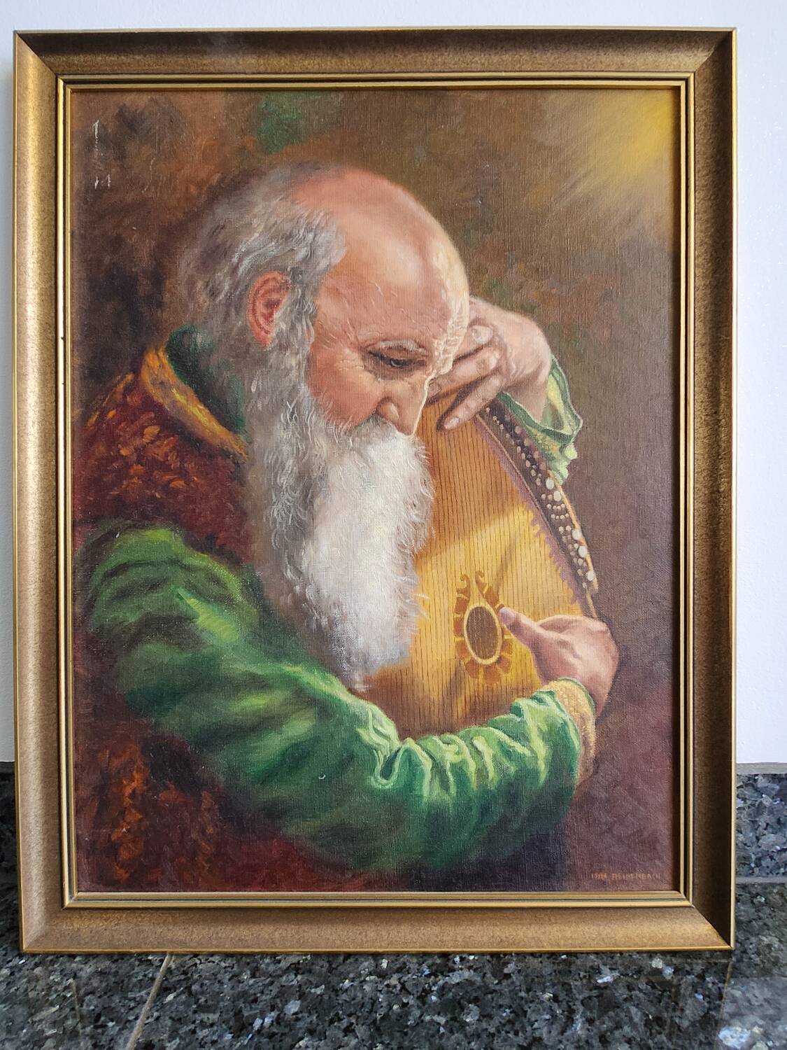 Oil painting on wood "Old man playing the mandolin"