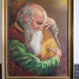 Oil painting on wood old man mandolin player