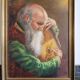 Oil painting on wood "Old man playing the mandolin"