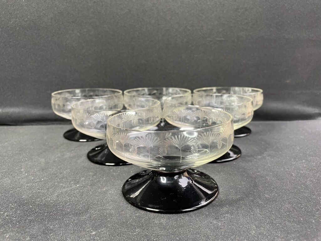 6 champagne glasses 1/2 crystal guilloché colored foot