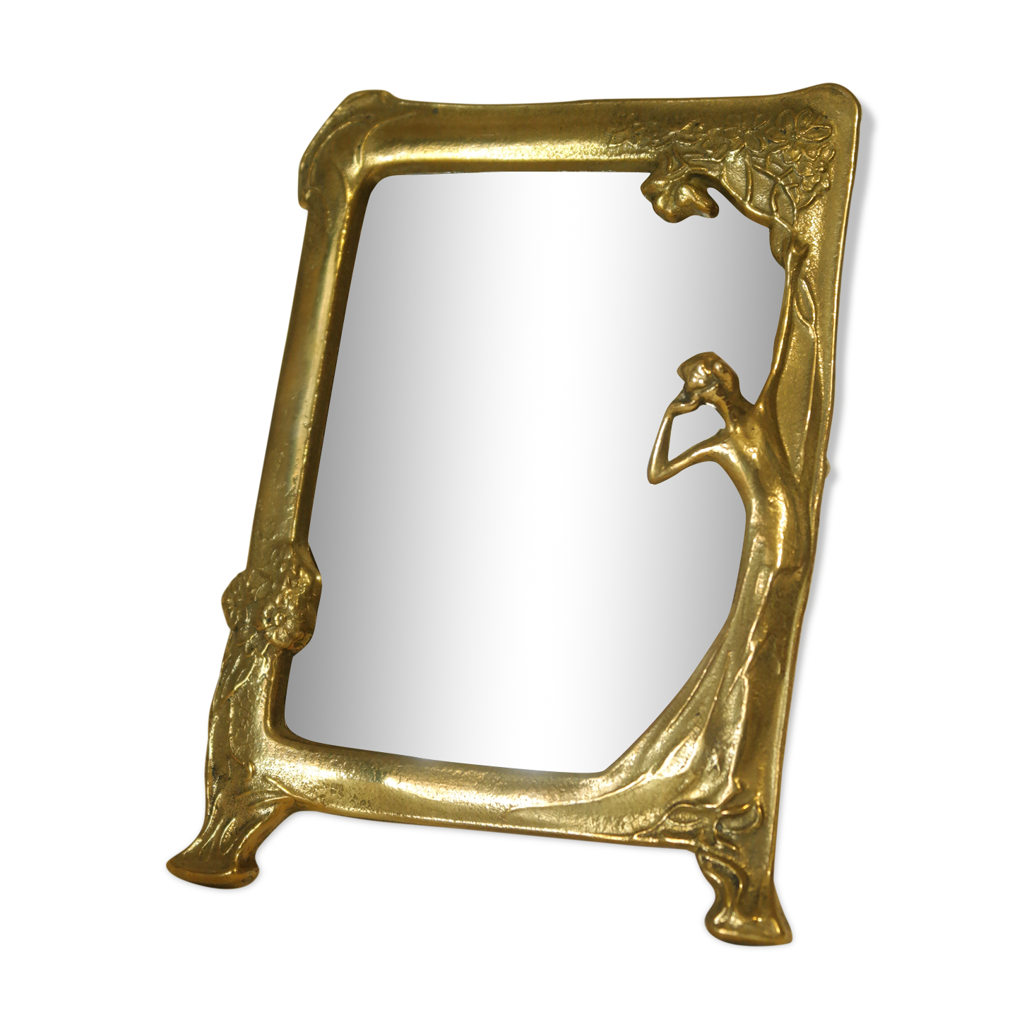 Art Nouveau brass bridge mirror 17 x 13