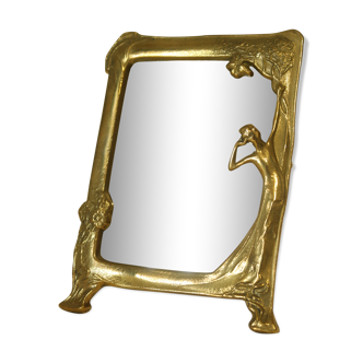 Art Nouveau brass bridge mirror 17 x 13