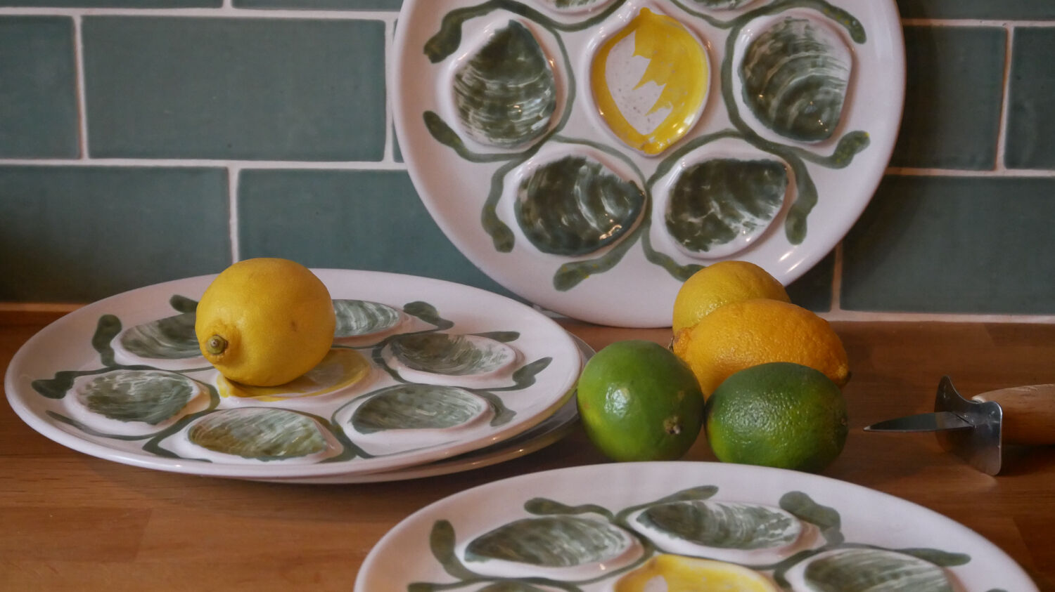 Set of 4 Belon earthenware oyster plates – 25 cm – yellow & green