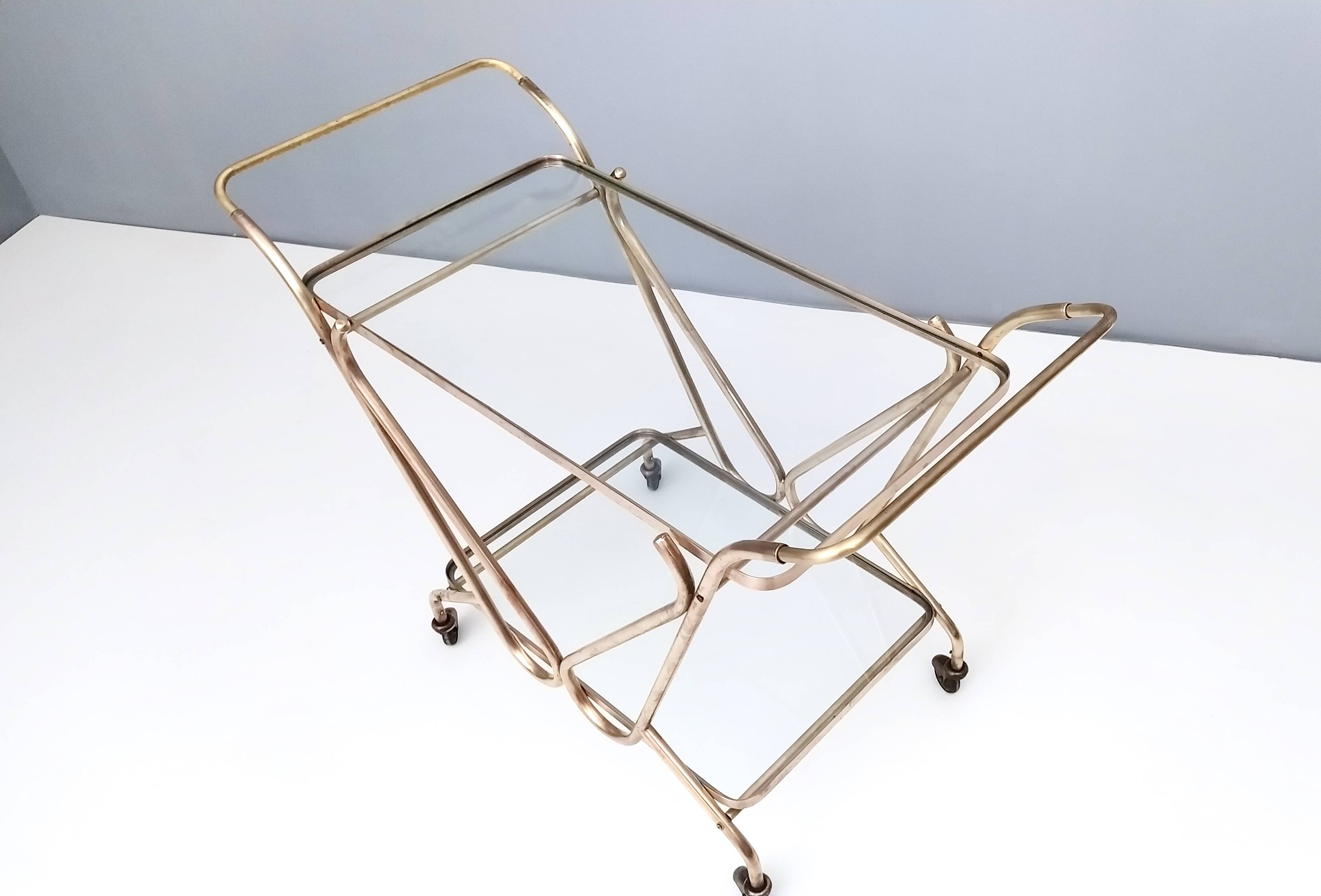 Vintage Brass Serving Cart with Glass Shelves, Italy