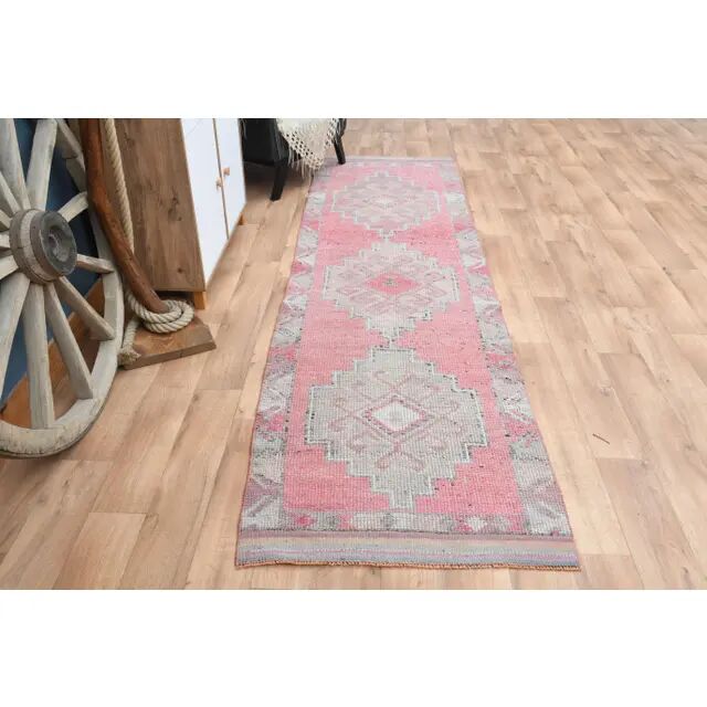 1970s Vintage Turkish Oushak Handmade Wool Cotton Pink Runner Rug 93x327