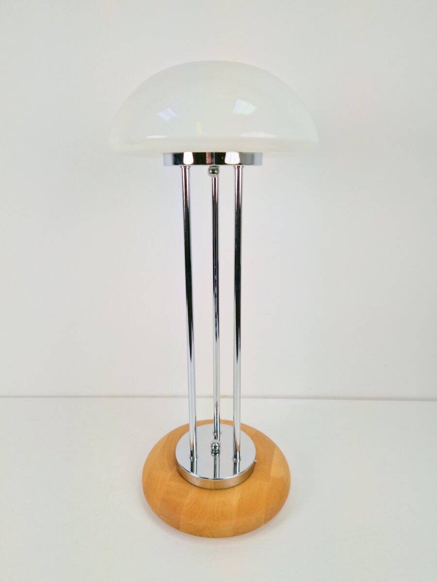 Vintage Mushroom Opaline Glass and Chrome Table Lamp, 1970s
