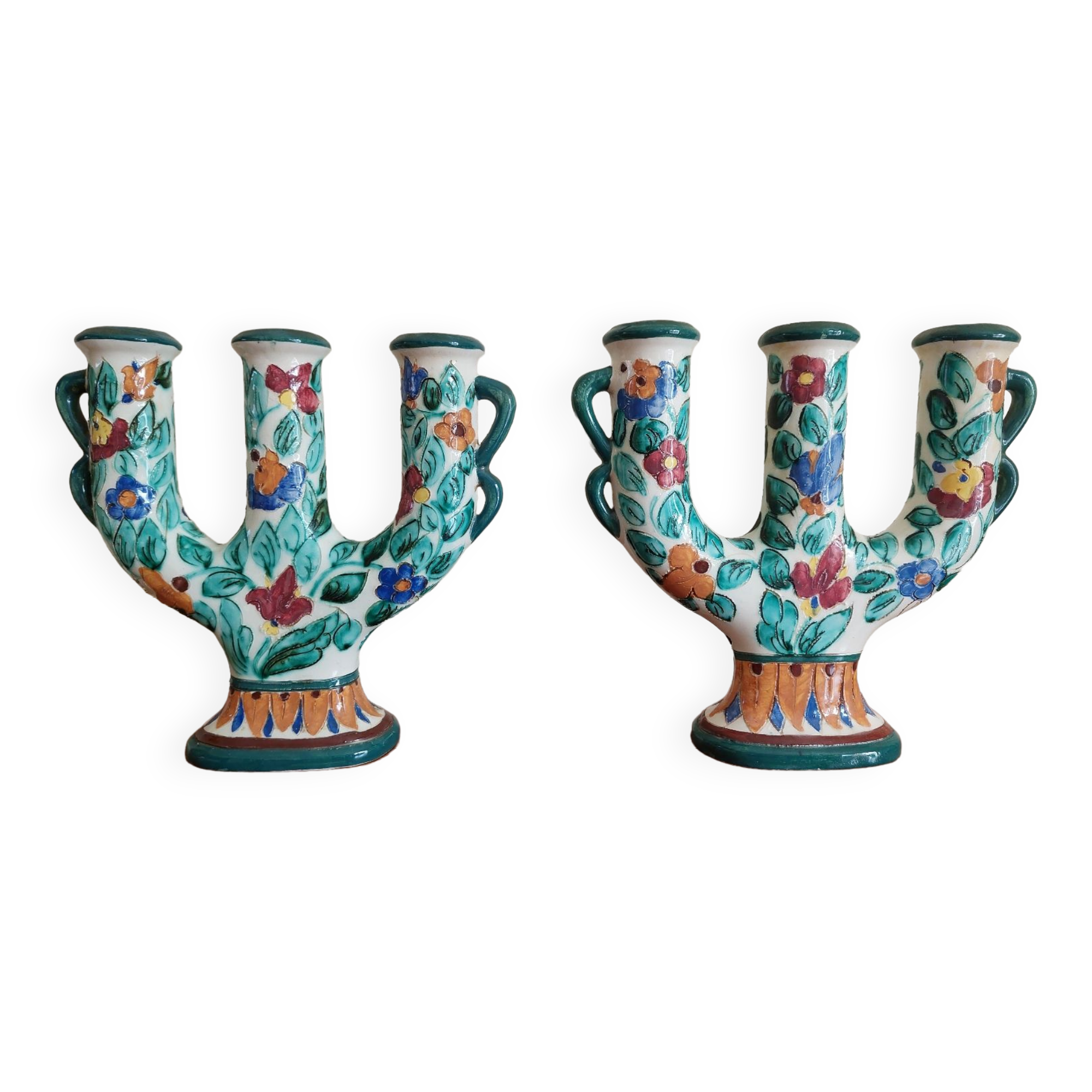 Pair of Monaco Cerart candlesticks floral decor 1950 1960