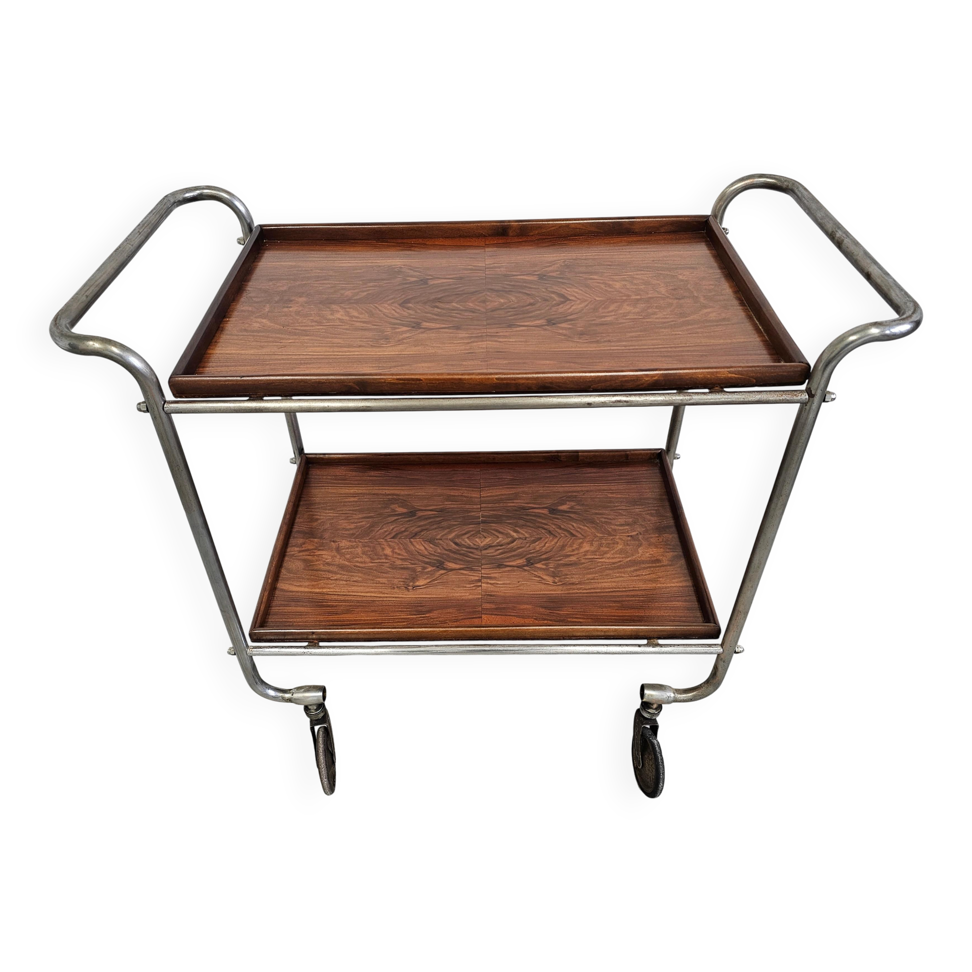 Bauhaus bar cart in walnut root veneer and steel